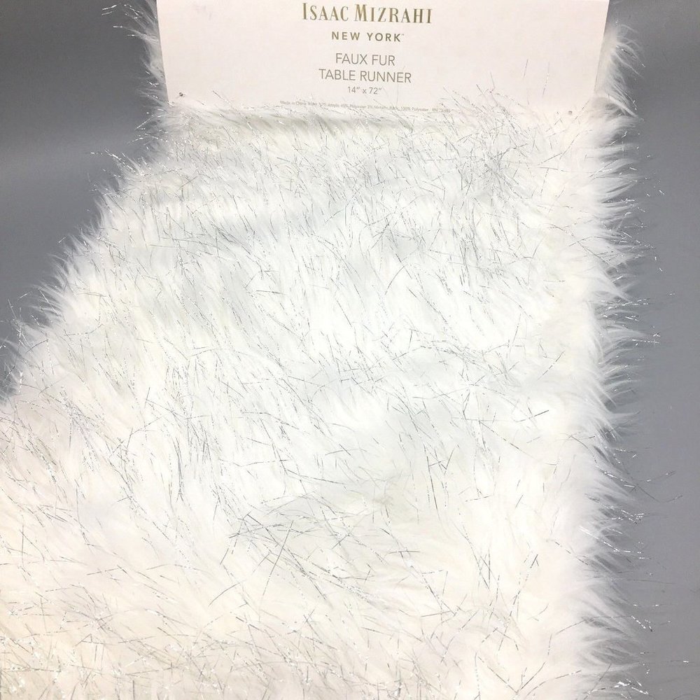 Isaac Mizrahi Faux Fur Table Runner White Silver Tinsel 14x72 Designer Christmas